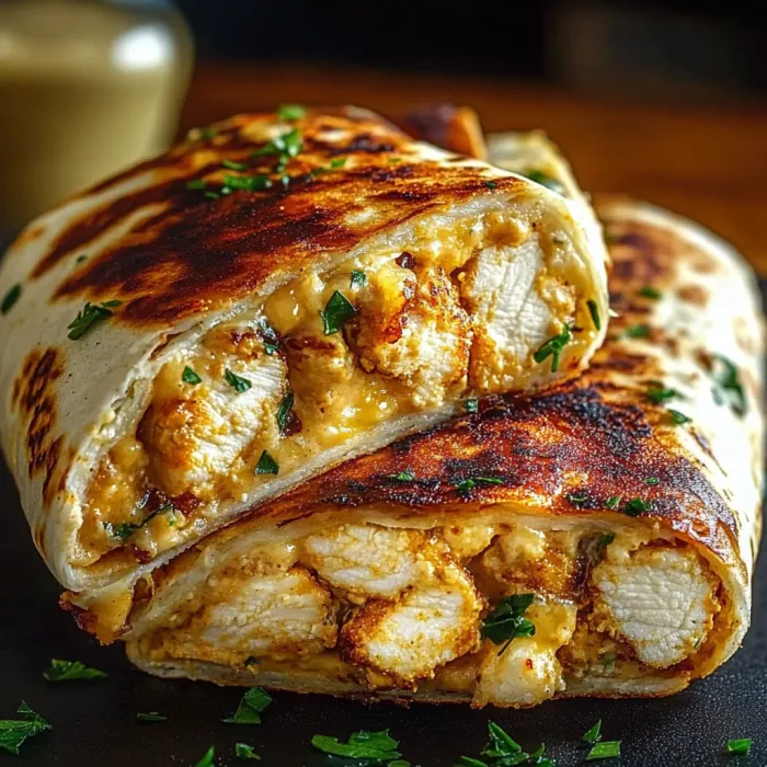 A burrito with chicken and cheese.