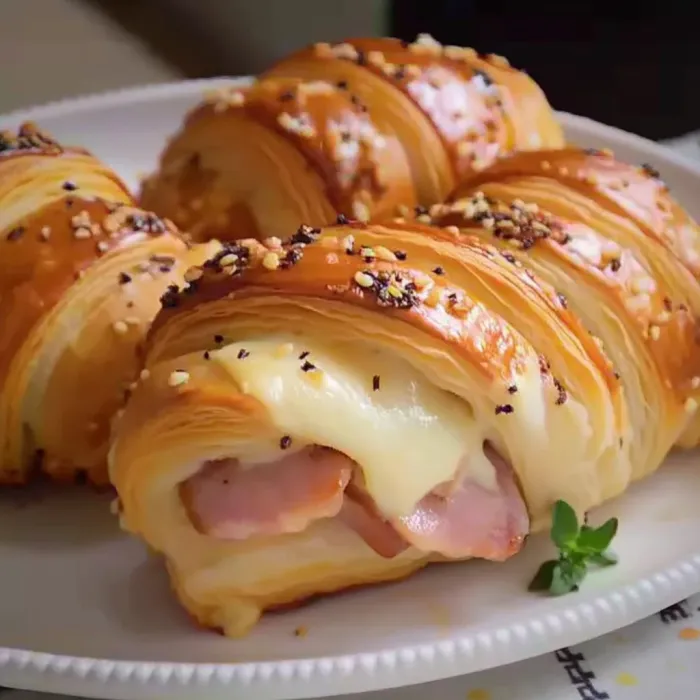 A plate of food with a croissant and meat.