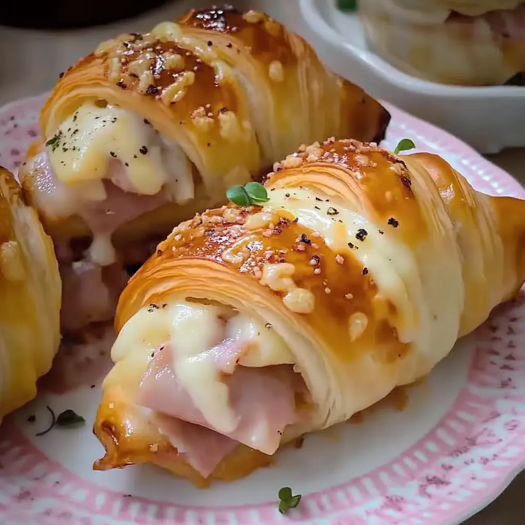 A plate of ham and cheese croissants.