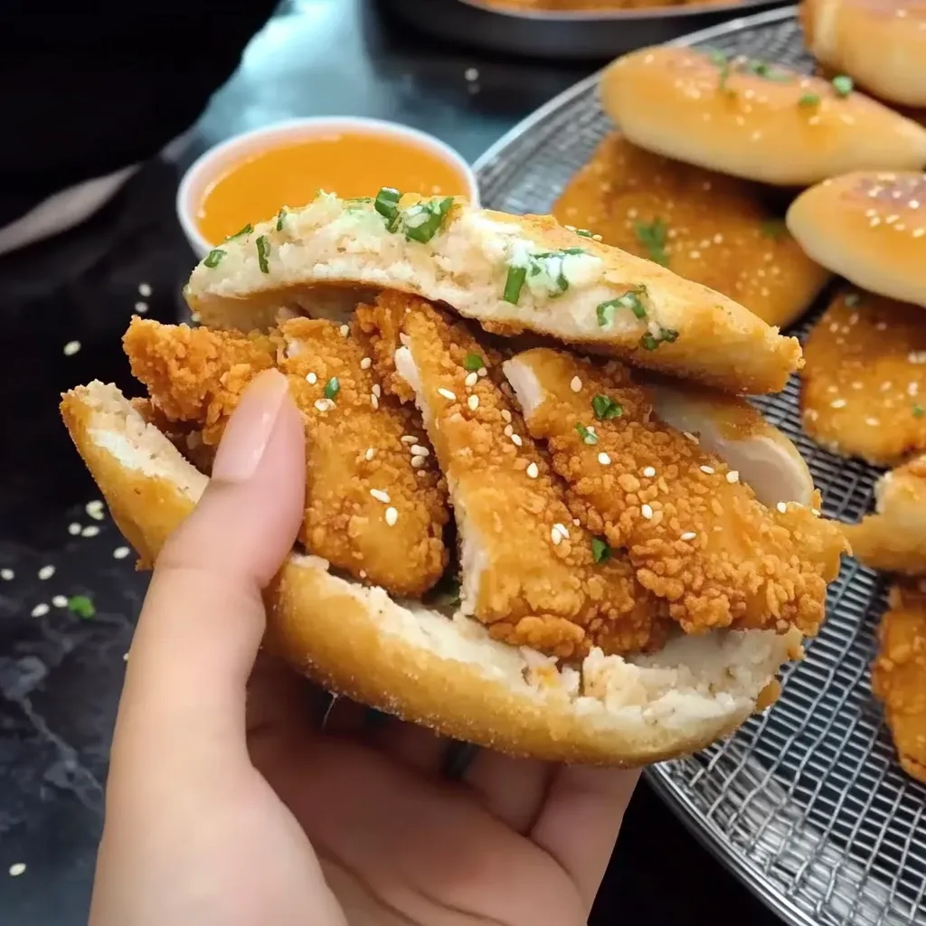 A person holding a sandwich with chicken and sauce.
