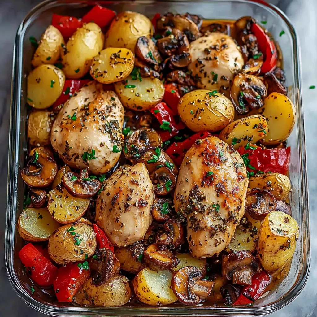 A dish of chicken, potatoes, and mushrooms.