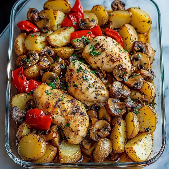 A dish of chicken and mushrooms.