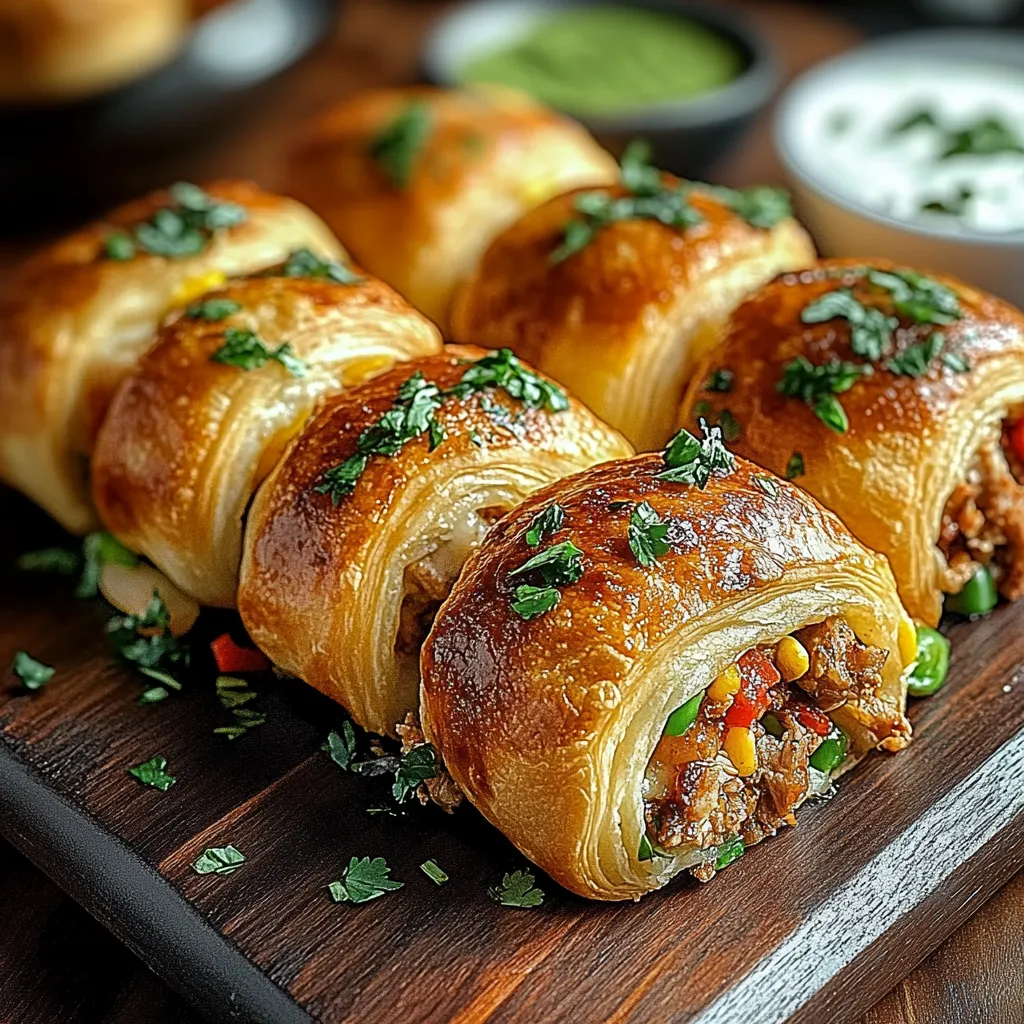 A plate of food with a pastry and a bowl of sauce.