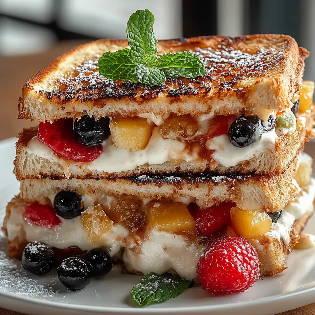 A stack of sandwiches with fruit toppings.