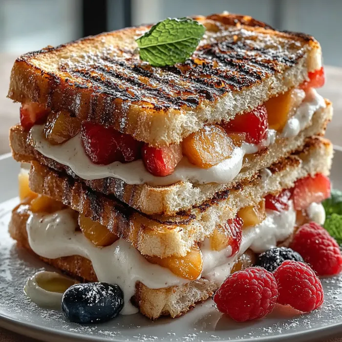A stack of sandwiches with fruit on top.