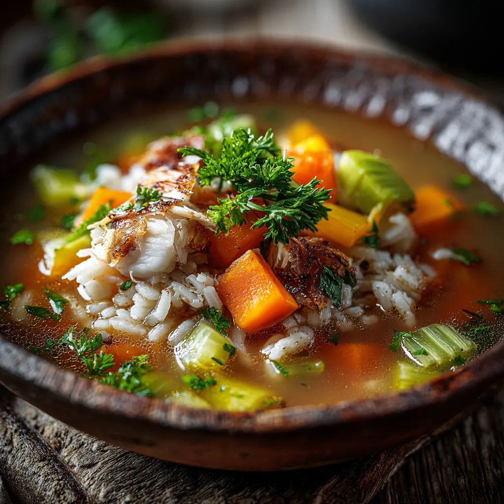 A bowl of soup with rice, carrots, and fish.
