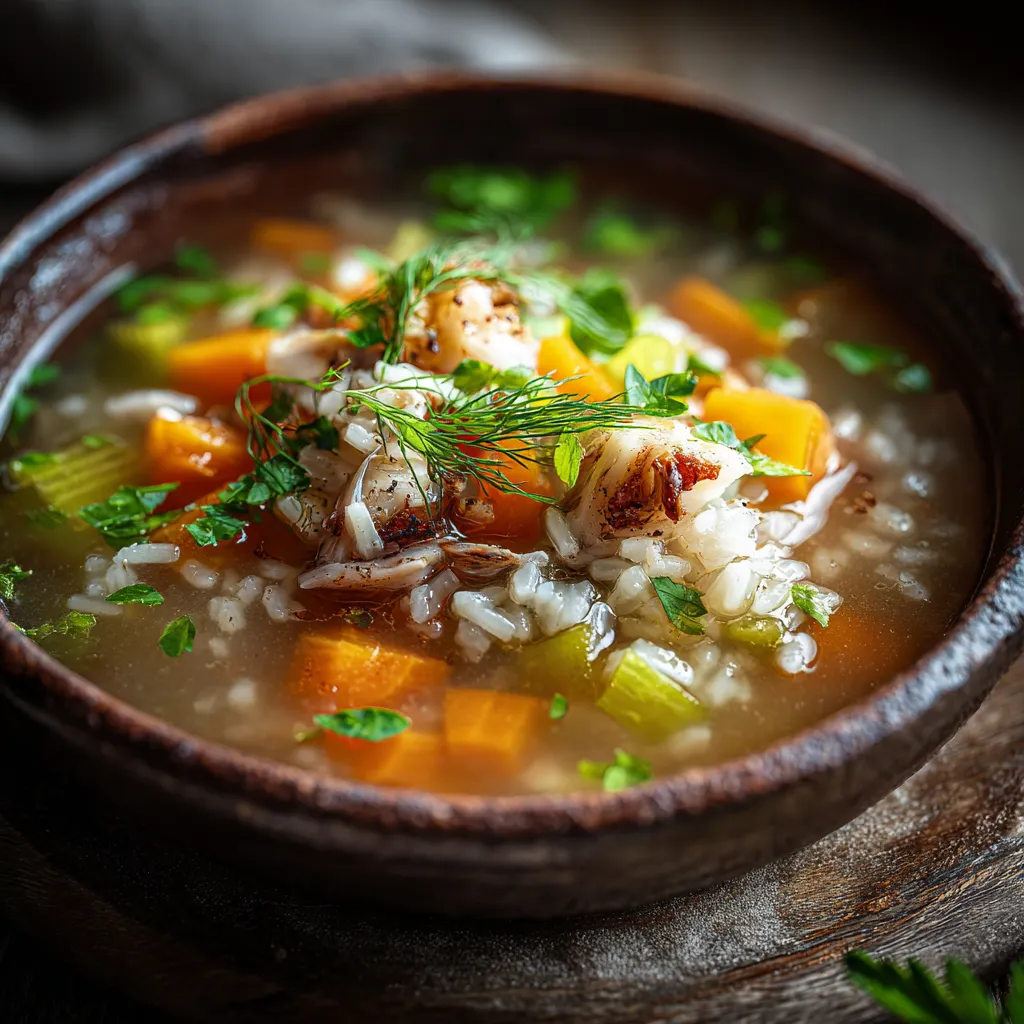 A bowl of soup with rice and vegetables.