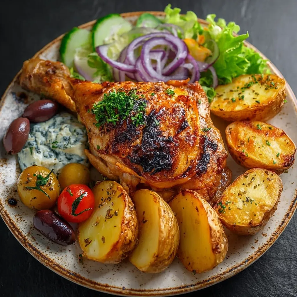 A plate of food with chicken, potatoes, and vegetables.