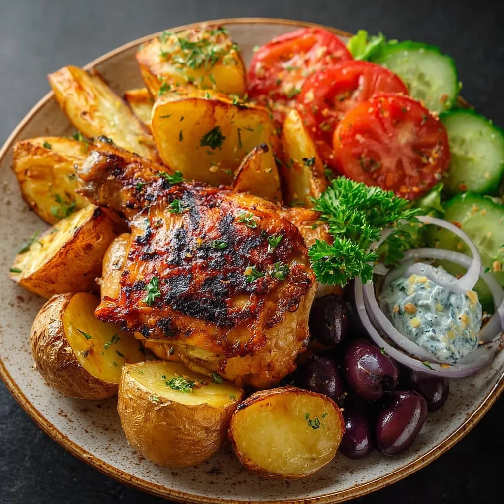 A plate of food with chicken, potatoes, tomatoes, and cucumbers.