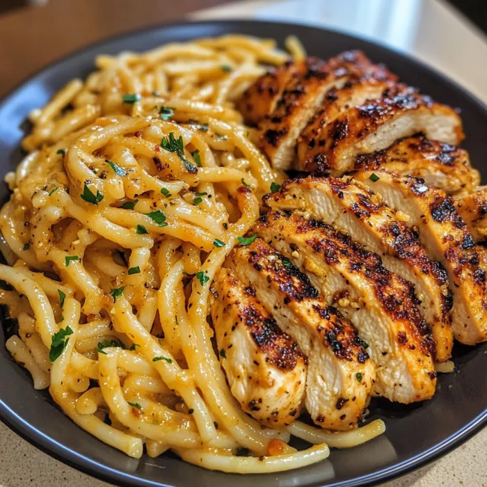 A plate of food with chicken and noodles.