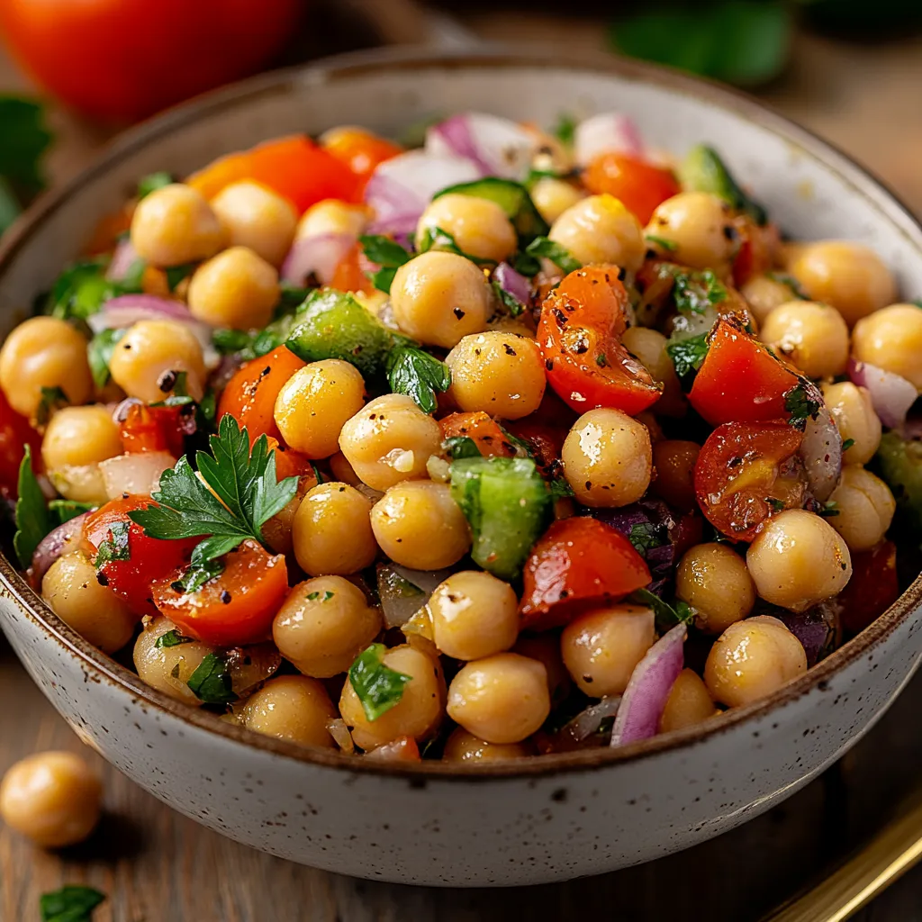 A bowl of food with tomatoes, cucumbers, and chickpeas.