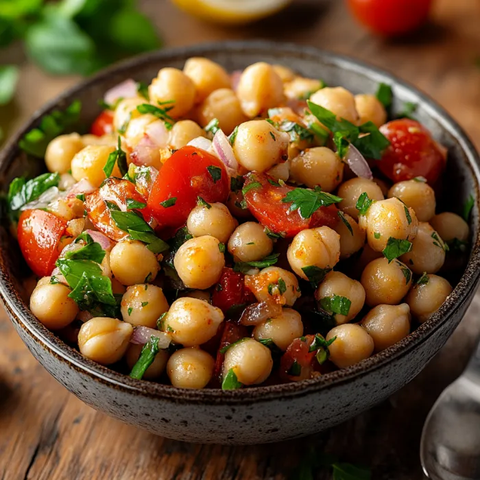 A bowl of chickpeas with tomatoes and herbs.