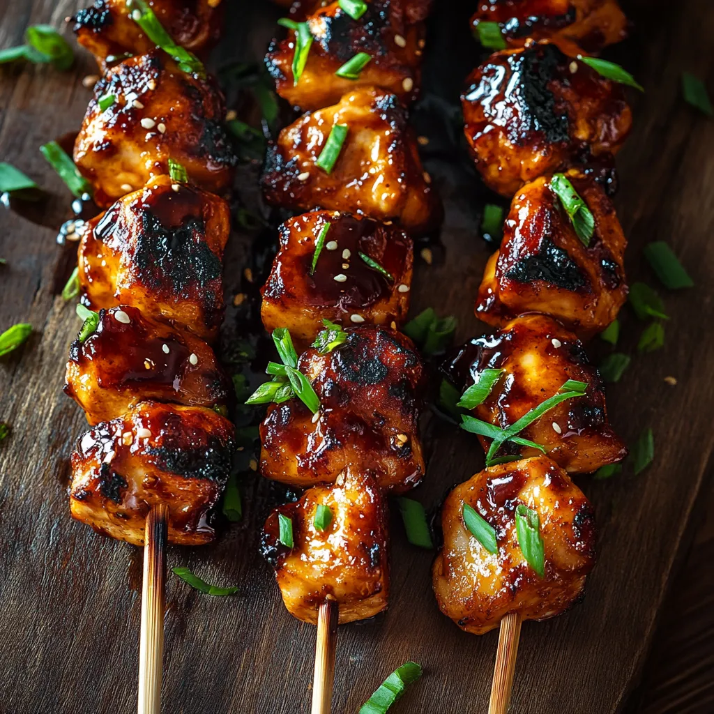 A wooden cutting board with skewers of meat.