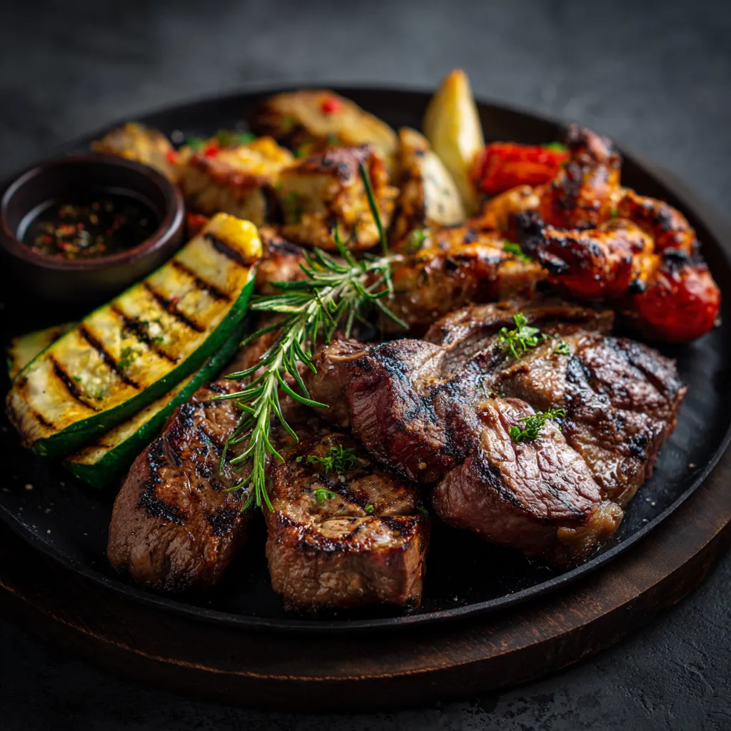 A plate of food with meat, vegetables and sauce.