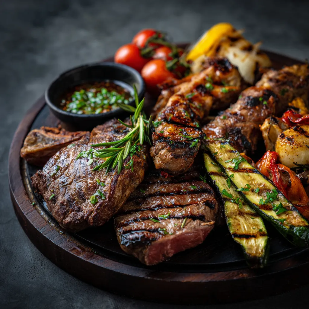 A plate of food with meat and vegetables.