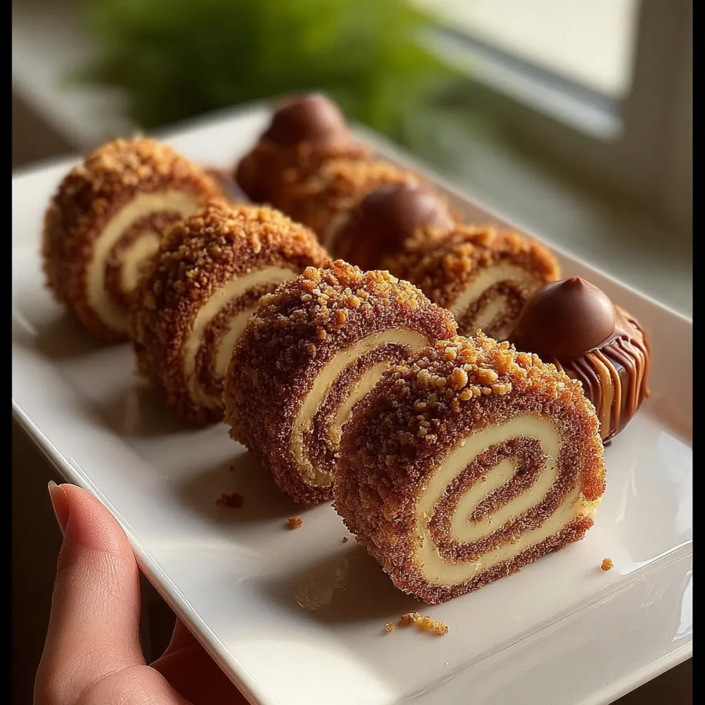 A plate of cake rolls with chocolate and nuts.