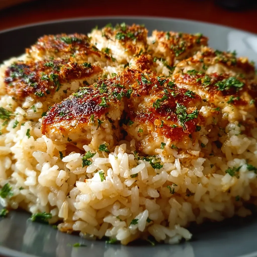 A plate of rice with chicken on top.