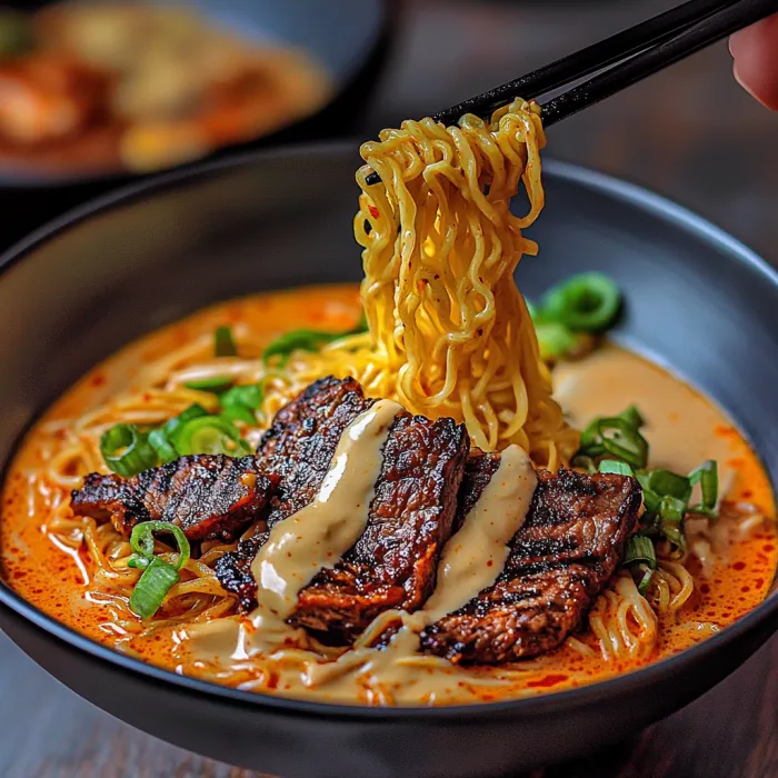 A bowl of noodles with beef and sauce.