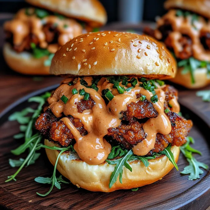 A burger with sauce and lettuce on a bun.