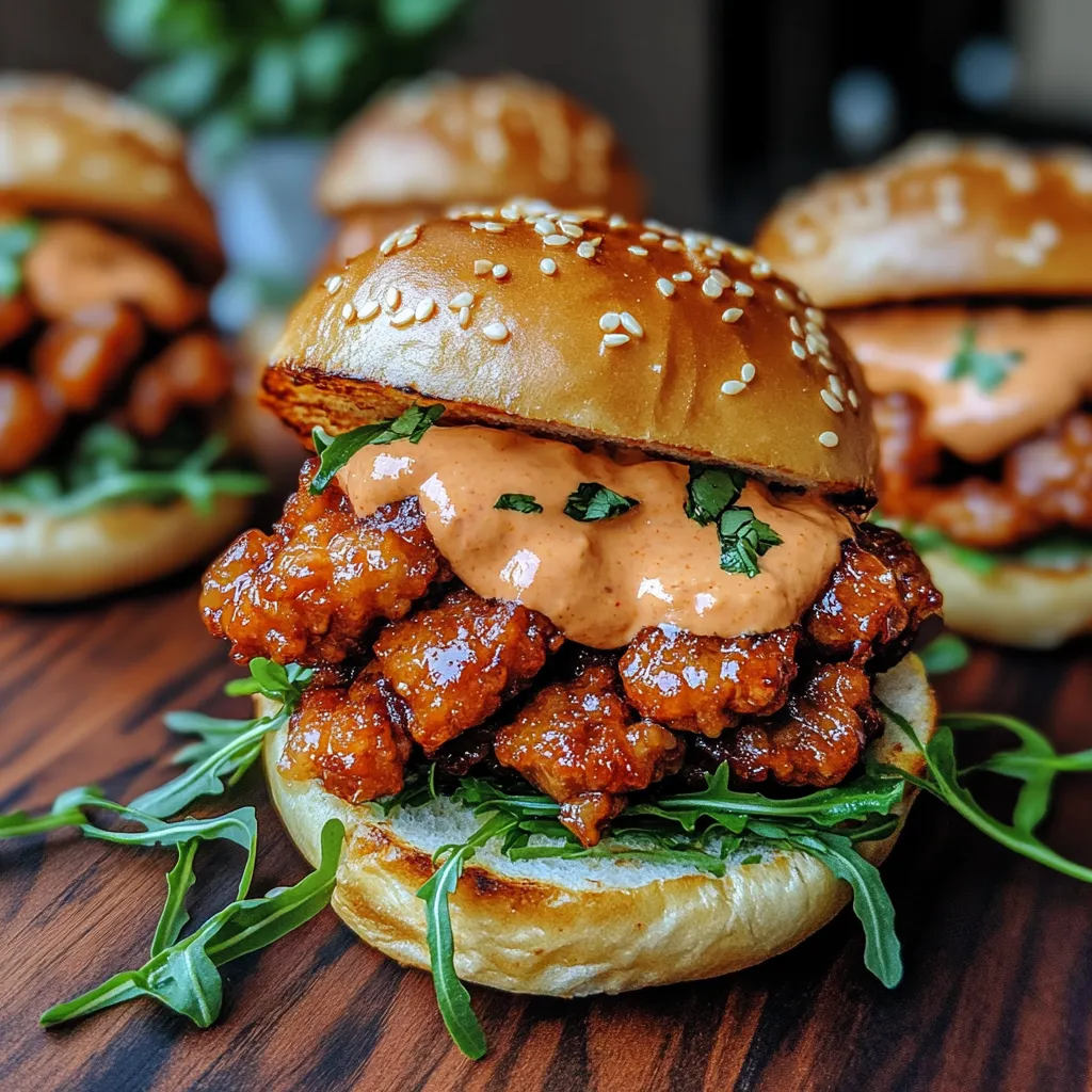 A close up of a chicken sandwich with sauce.