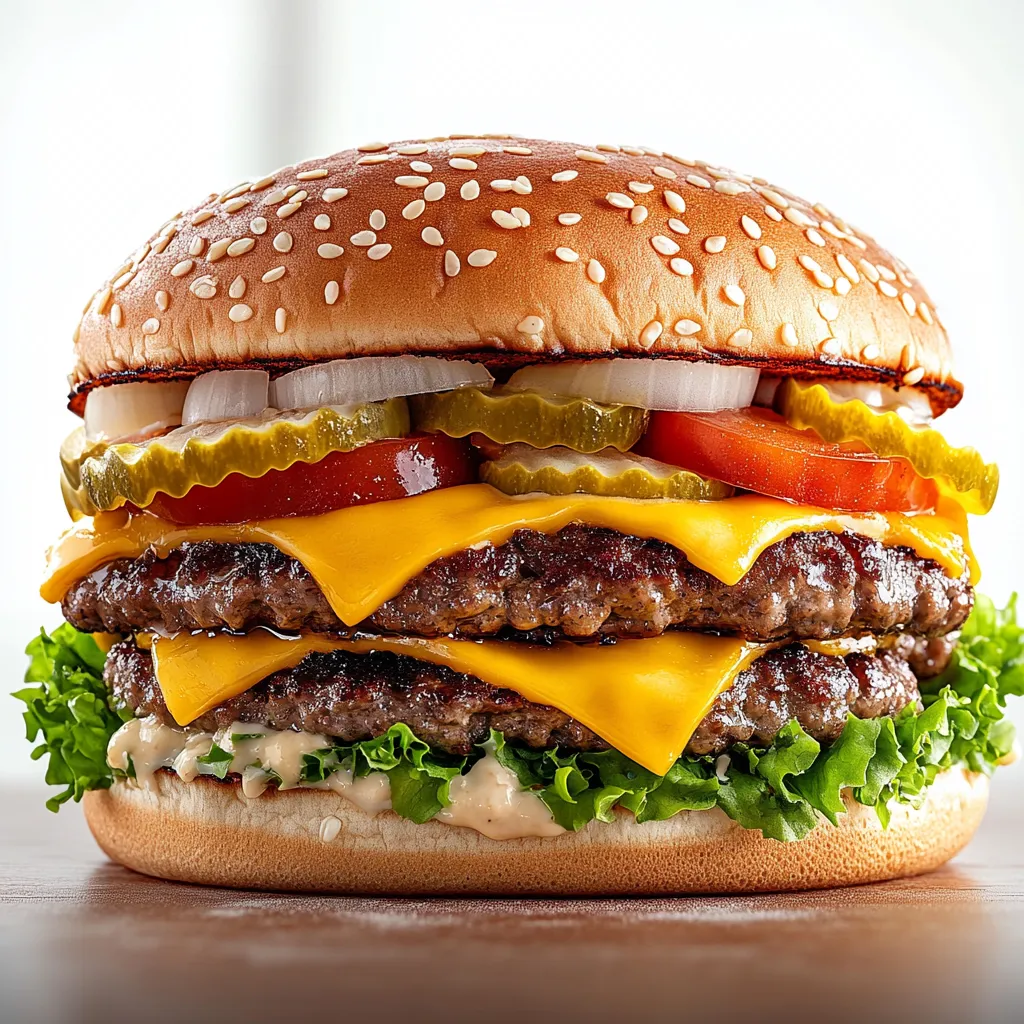 A large hamburger with lettuce, tomato, pickles, and cheese.