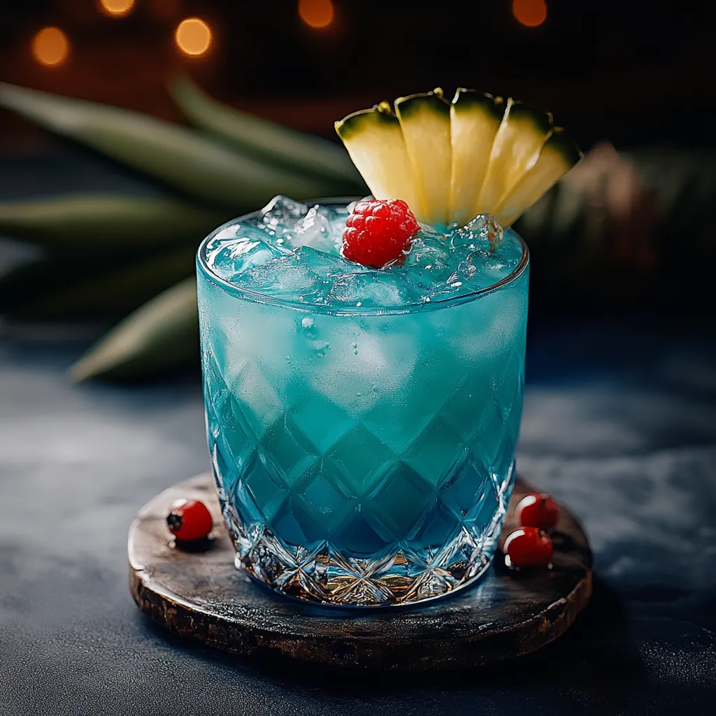 A blue drink with a pineapple wedge on top.