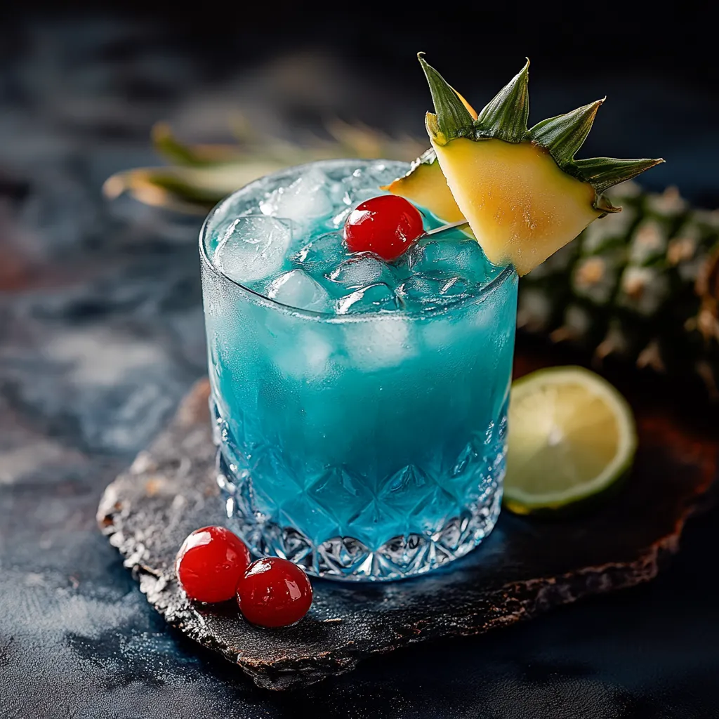 A blue drink with a pineapple garnish.