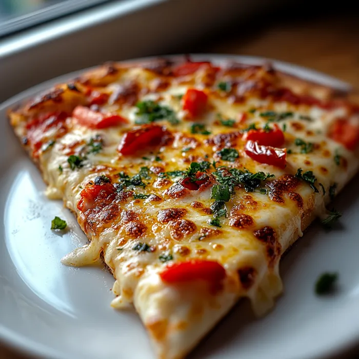 A slice of pizza on a white plate.