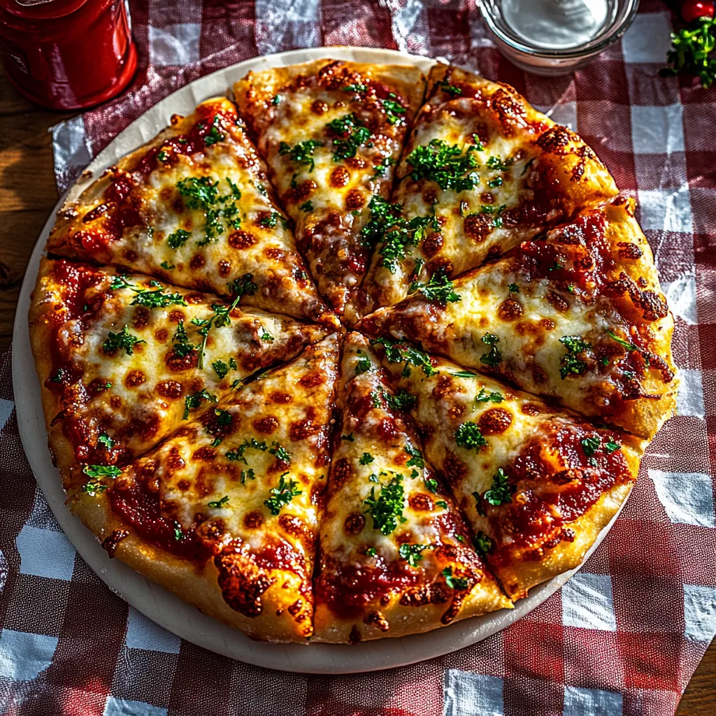 A pizza with cheese and herbs on top.