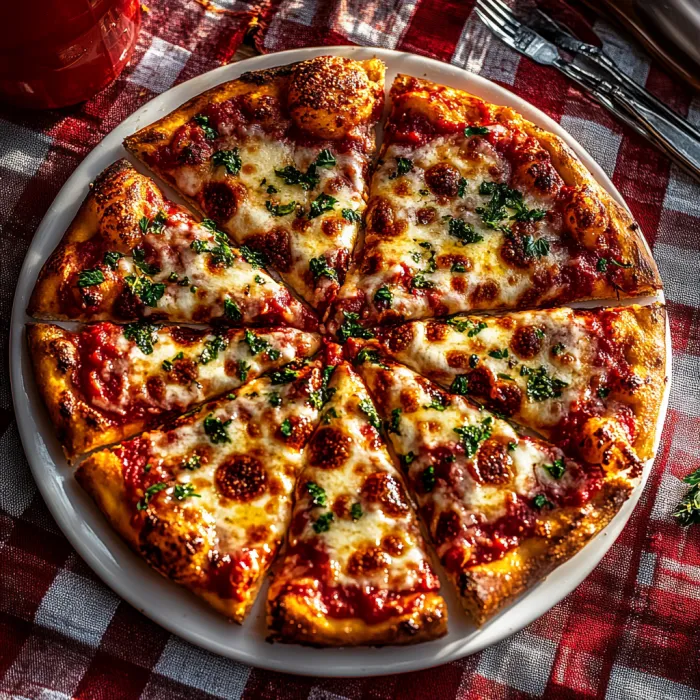 A pizza with cheese and pepperoni on a white plate.