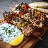 A skewer of meat with a lemon wedge on top.