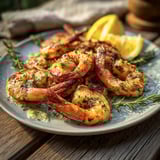 A plate of shrimp with lemon and herbs.