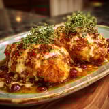 Two pieces of meat with herbs on top.