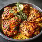 A bowl of chicken with herbs.