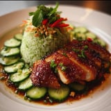 A plate of food with rice, cucumbers, and meat.