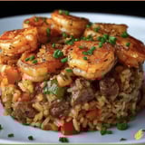A plate of shrimp and rice.