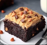 A slice of chocolate cake with peanut butter and chocolate chips.