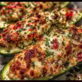 A plate of food with a zucchini and cheese.