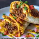 A plate of food with a burrito and a sandwich.