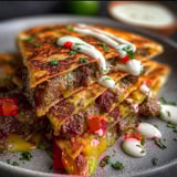 A stack of sandwiches with white sauce on top.