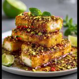 A plate of food with a lime wedge on it.
