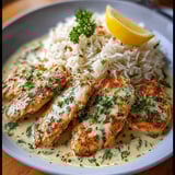 A plate of food with rice and chicken.