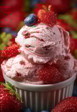A bowl of pink ice cream with strawberries on top.