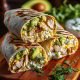 A burrito with chicken and avocado on a wooden table.