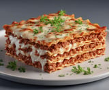 A stack of lasagna with cheese and herbs.