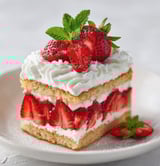A slice of cake with strawberries on top.