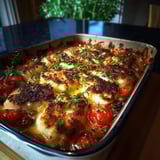 A pan of food with tomatoes and herbs.