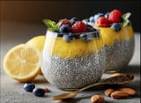 A glass of yogurt with blueberries and raspberries.