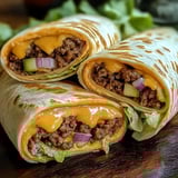 Two burritos with meat and cheese.