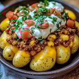 A bowl of food with potatoes and cheese.